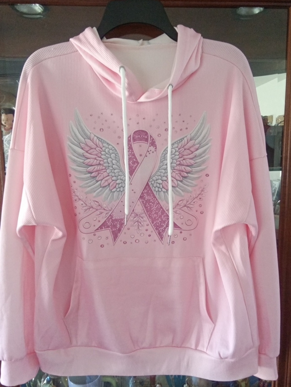 Women's Pink Cowl Neck Sweatshirt with Winged Ribbon Graphic